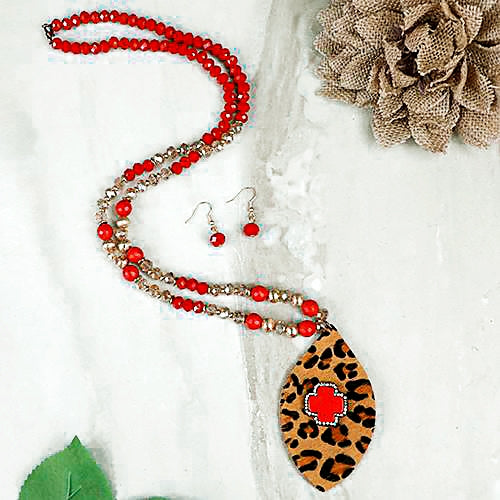 72682 - Squash Blossom Animal Hide Cross Necklace - Red