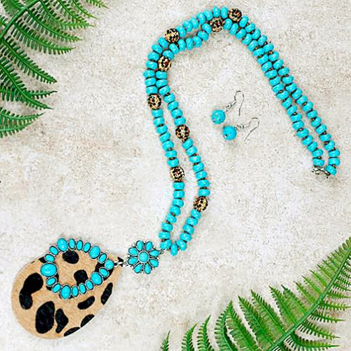 72678 - Leopard and Turquoise Beaded Necklace - Turquoise