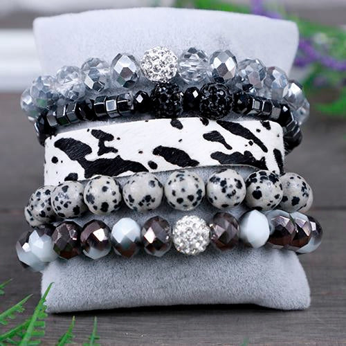 74715 - Cow Print and Crystal Stacked Bracelets - Black White