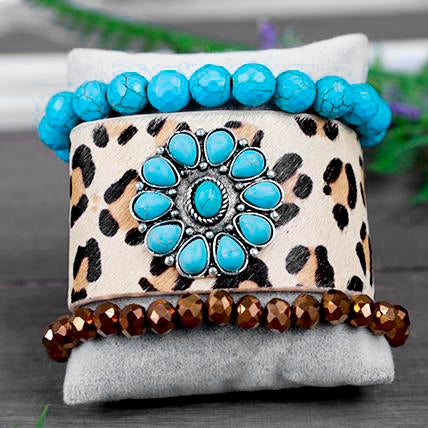 74704 - Turquoise Flower Stacked Bracelets - Fashion Jewelry Wholesale