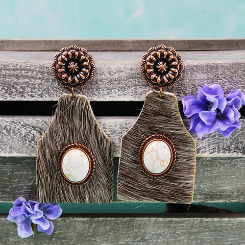 73998 - Animal Hide and Turquoise Earrings - Copper Ivory