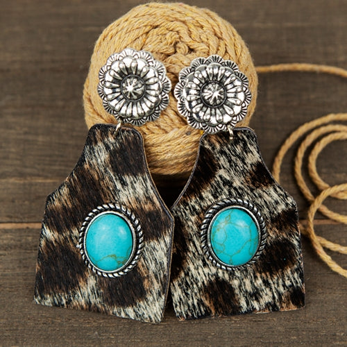 73998 - Animal Hide and Turquoise Earrings - Cow Hide Turquoise