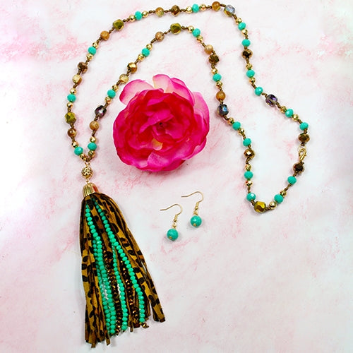 72702 - Animal Print Tassel Necklace  - Turquoise