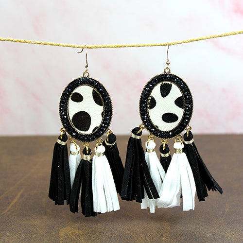 734001 - Animal Hide Tassel Earrings - Black & White