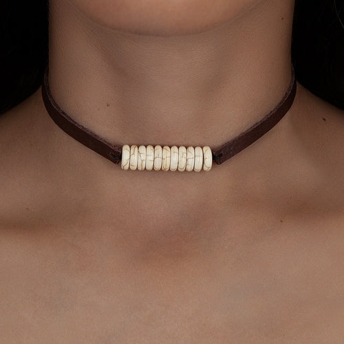 72697 - Faux Leather and Squash Blossom Necklace - Brown Ivory