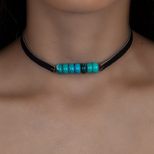 72697 - Faux Leather and Squash Blossom Necklace - Turquoise Black