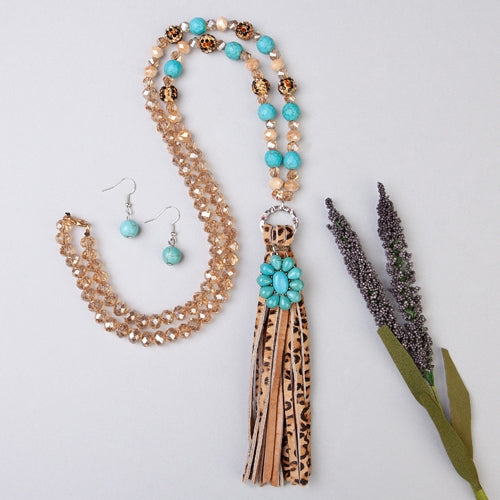 72691 - Leopard Tassel Necklace - Turquoise & Leopard