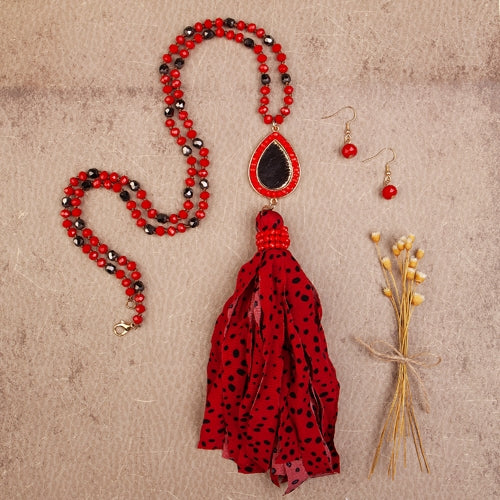 72716 - Cow Hide Tassel Necklace - Red