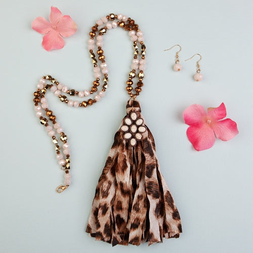 72711 - Tassel Necklace - Ivory & Leopard