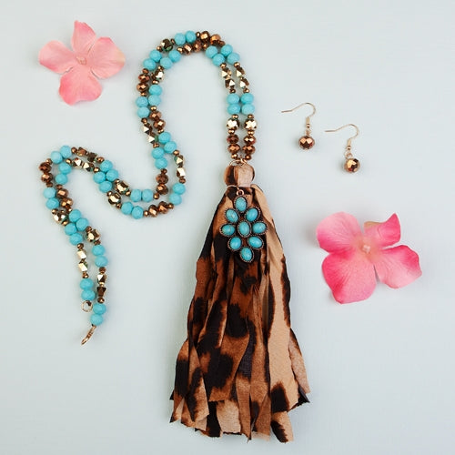 72711 - Tassel Necklace - Turquoise & Leopard