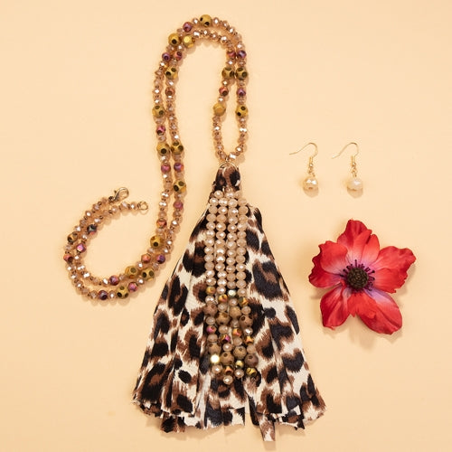 72717 - Animal Print Beaded Tassel Necklace - Champagne