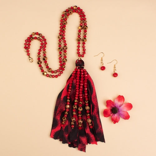 72717 - Animal Print Beaded Tassel Necklace - Red