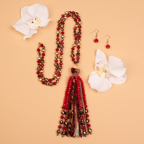 72712 - Animal Print Tassel Necklace  - Red