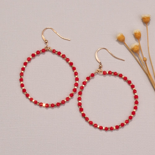 734023 - Crystal Beaded Hoop Earrings - Red