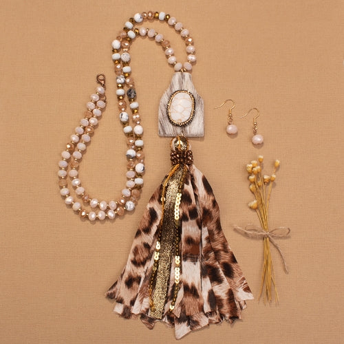 72721 - Squash Blossom Animal Hide Tassel Necklace - Beige