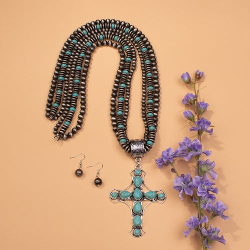 72569 - Squash Blossom Cross Necklace - Turquoise & Silver