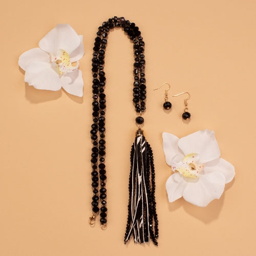 72727 - Animal Print Tassel Necklace - Black