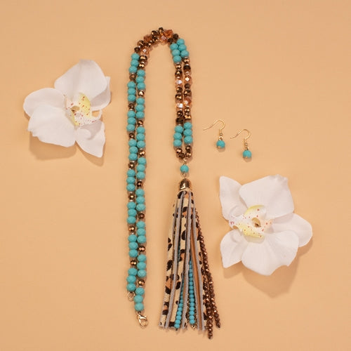 72727 - Animal Print Tassel Necklace - Turquoise