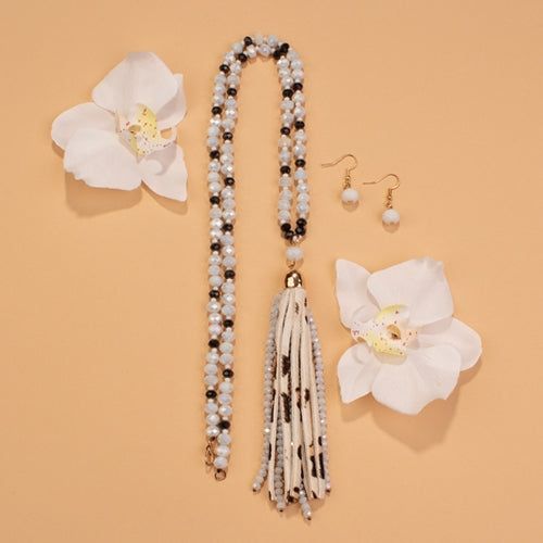 72727 - Animal Print Tassel Necklace - White