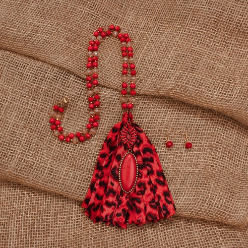 72722 - Leopard Tassel Necklace - Red