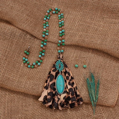 72722 - Leopard Tassel Necklace - Turquoise