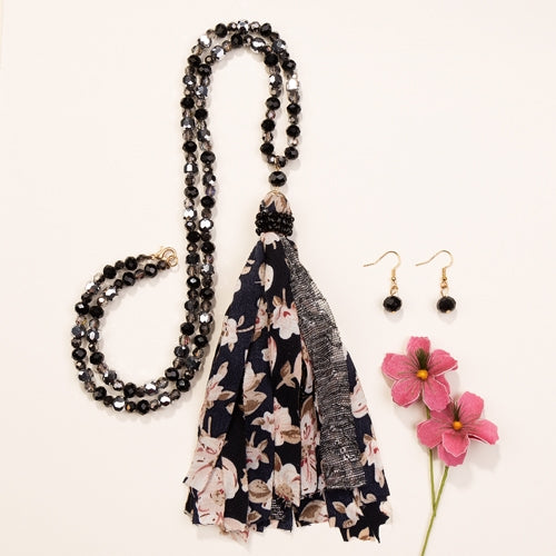 72713 - Floral Crystal Beaded Tassel Necklace - BLACK