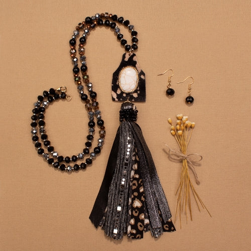 72721 - Squash Blossom Animal Hide Tassel Necklace - Black