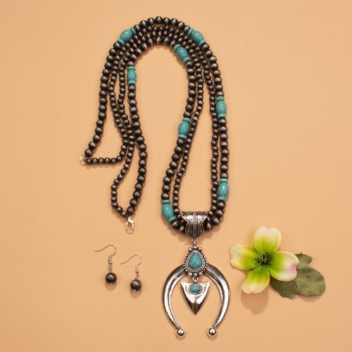 72730 - Squash Blossom Horseshoe Beaded Necklace - Turquoise Silver