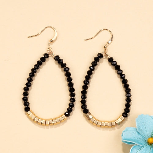 93026 - Crystal Beaded Hoop Earrings - Black