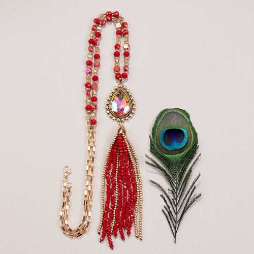 72771 - Rhinestone Beaded Tassel Necklace - Red - Fashion Jewelry Wholesale