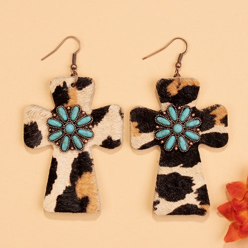 93015 - Turquoise Cross Earrings - Leopard