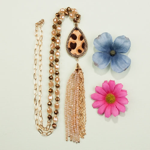 72768 - Animal Print Beaded Tassel Necklace - Brown