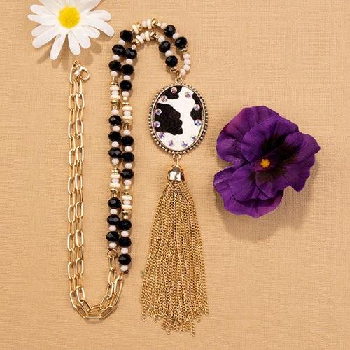 72778 - Animal Print Beaded Tassel Necklace - BLACK