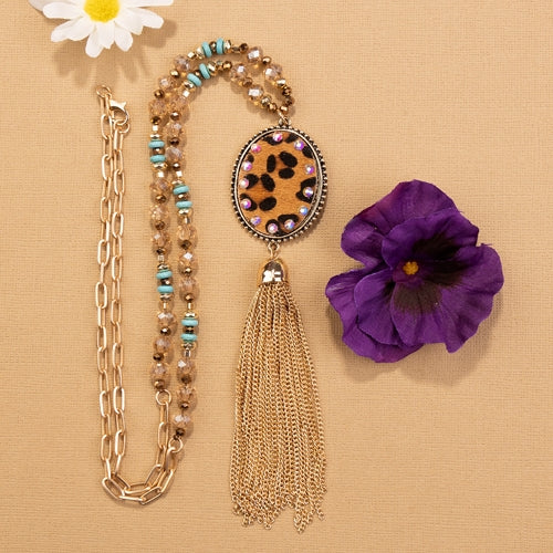 72778 - Animal Print Beaded Tassel Necklace - Leopard