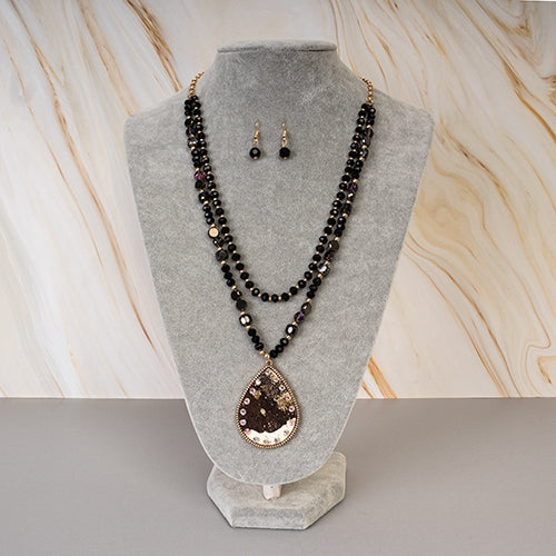 72803 - Animal Print Beaded Tear Drop Necklace - Black