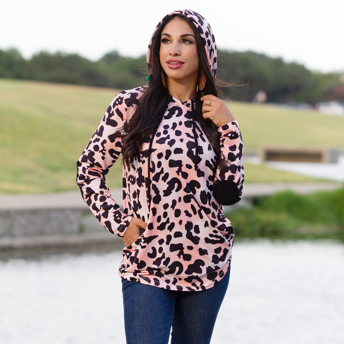 10653 - Pink Leopard Hoodie with Elbow Patches and Pockets