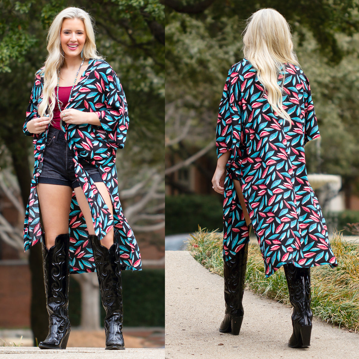 6649 - Leaves Print Duster - Black