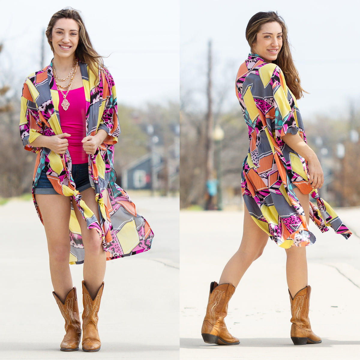 6709 - Geometric Print Duster - Orange