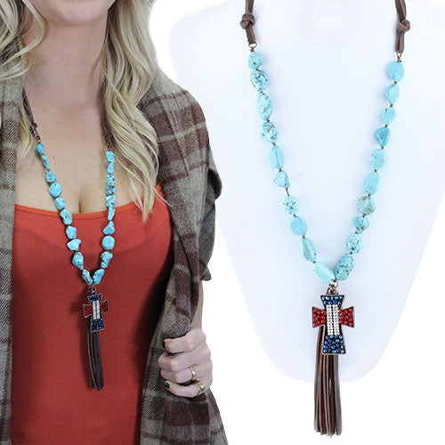 71799 - Crystal Cross Tassel  Necklace