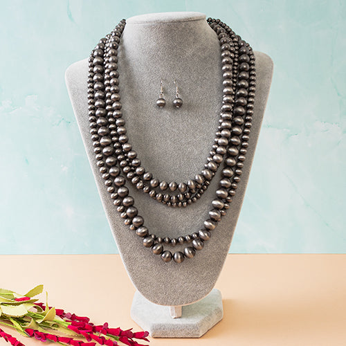 71597 - Squash Blossom Navajo Bead Necklace Set - Silver