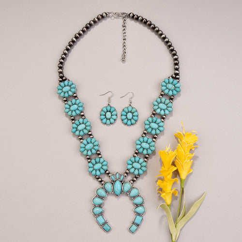 71959 - Squash Blossom Necklace with Earrings Set - Turquoise Silver