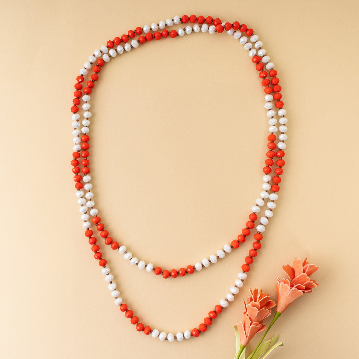 72028-35 - Crystal Beaded Necklace - Orange & White - Fashion Jewelry Wholesale
