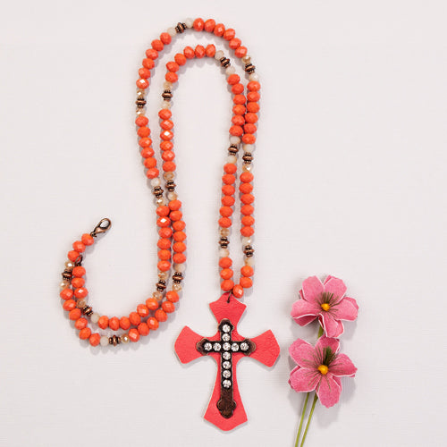 72097 - Crystal Leather Cross Necklace - Fashion Jewelry Wholesale