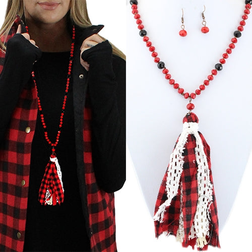 72175 - Crystal Beaded Necklace With Fabric Tassel - Fashion Jewelry Wholesale
