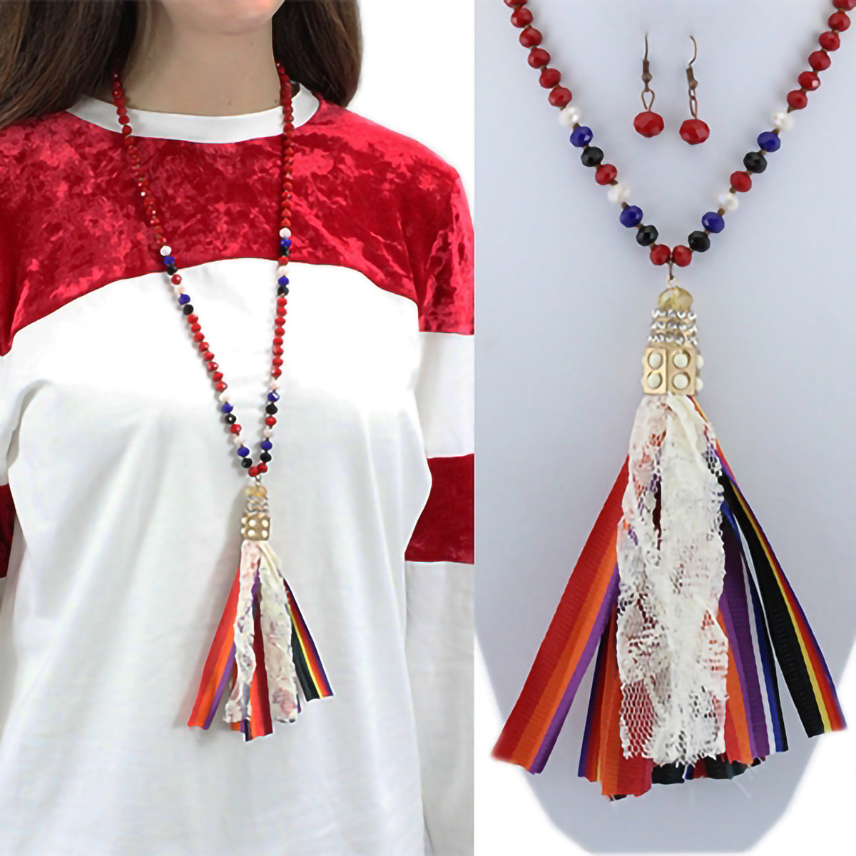 72205 - Tassel Necklace - Red, Black, & Blue - Fashion Jewelry Wholesale