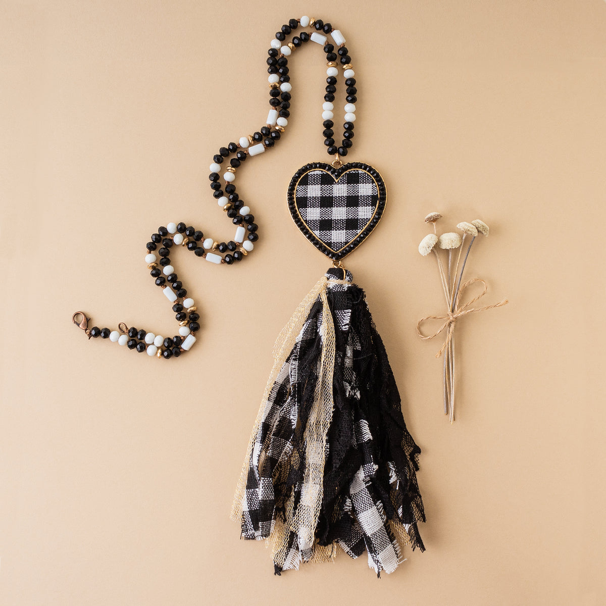 72322 - Heart Buffalo Plaid Necklace - Black & White - Fashion Jewelry Wholesale
