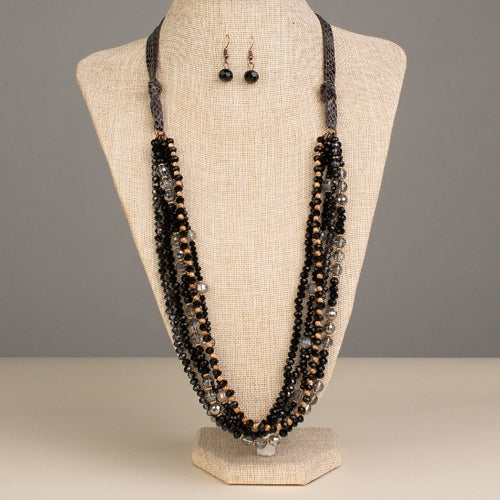 72490 -Layered Crystal Beaded Necklace - Black