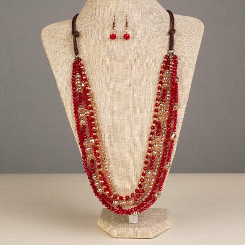 72490 -Layered Crystal Beaded Necklace - Red