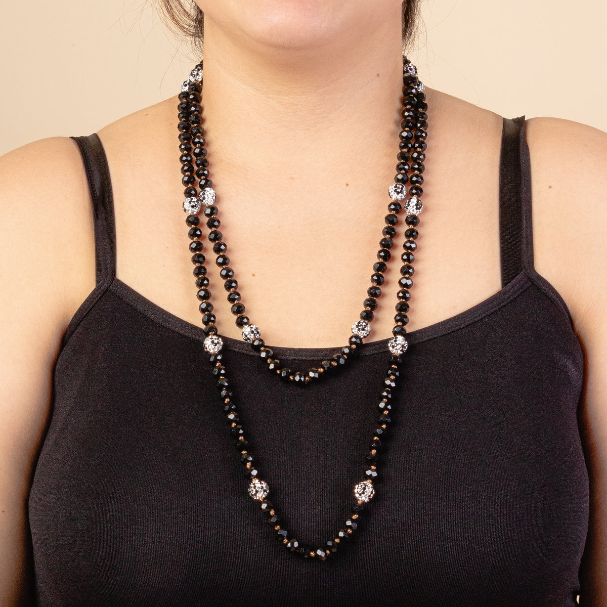 72503 - Crystal Beaded Necklace with Leopard Beads - Black & Silver