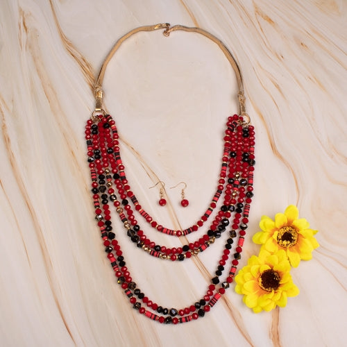 72661 - Crystal Beaded Necklace - Red Black